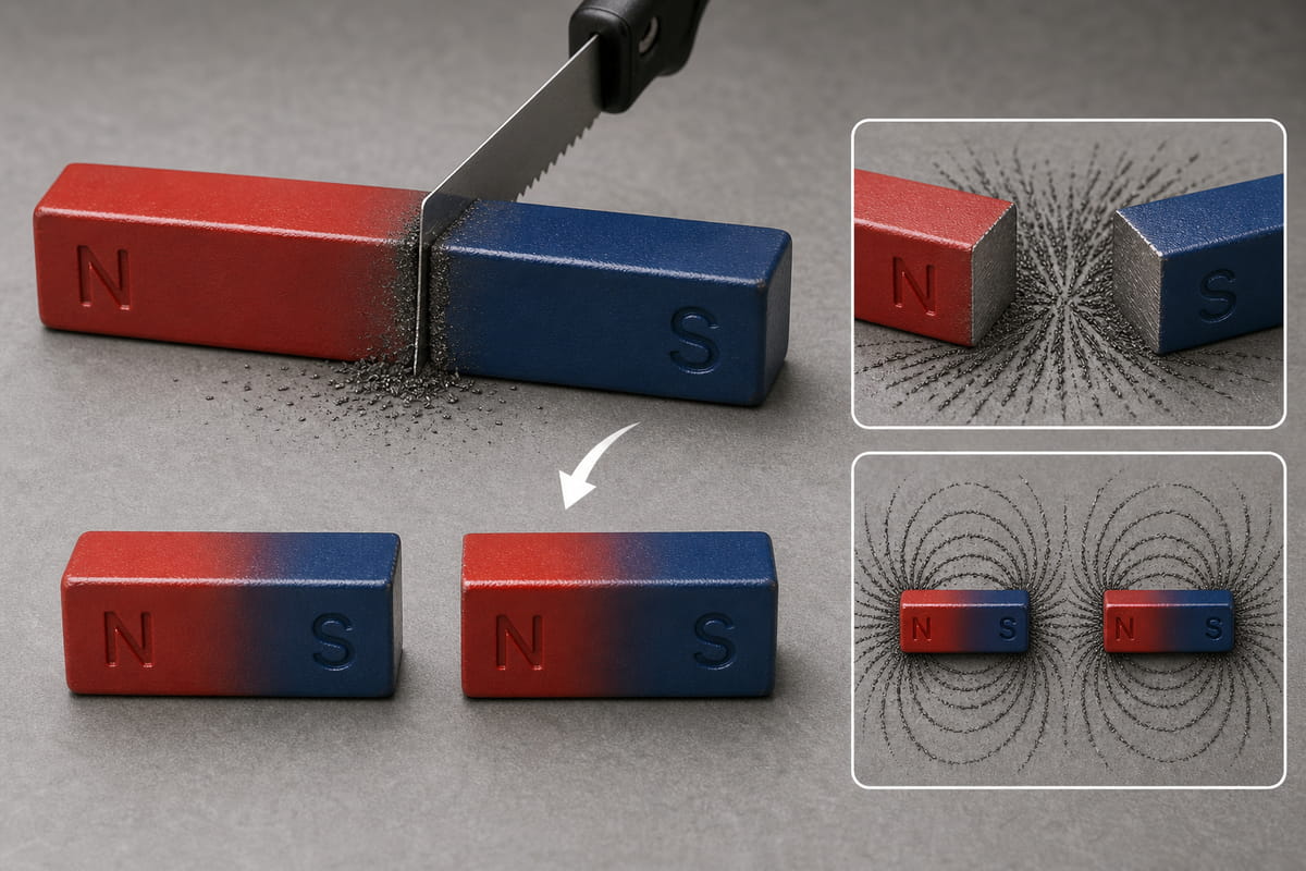 Cutting a bar magnet in half, each half becomes a smaller magnet with both a north and south pole