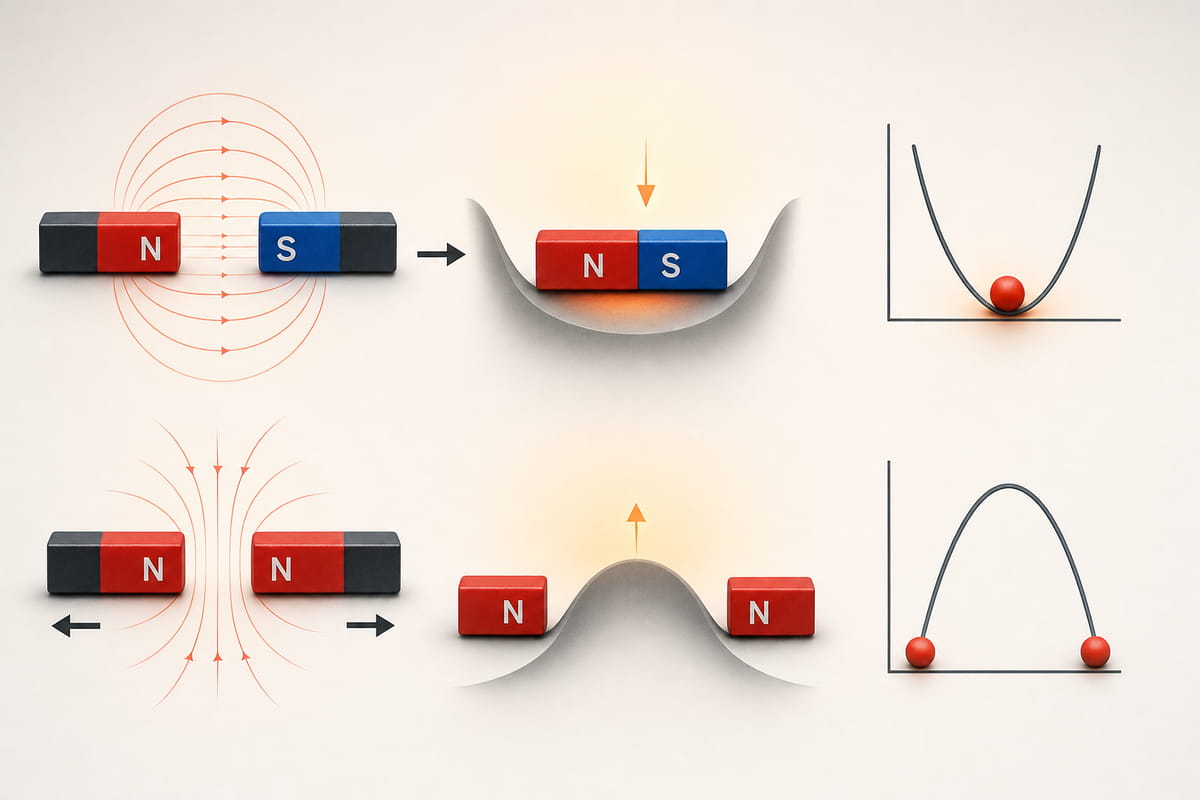 Magnets naturally move to the position where they have the least amount of stored energy