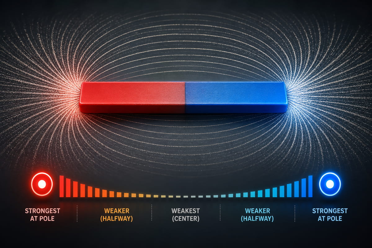 The magnetic field of a bar magnet is strongest at its two poles