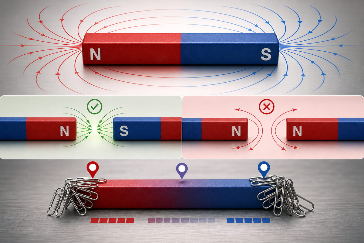 Every bar magnet has two ends North and South, opposite poles attract and like poles repel