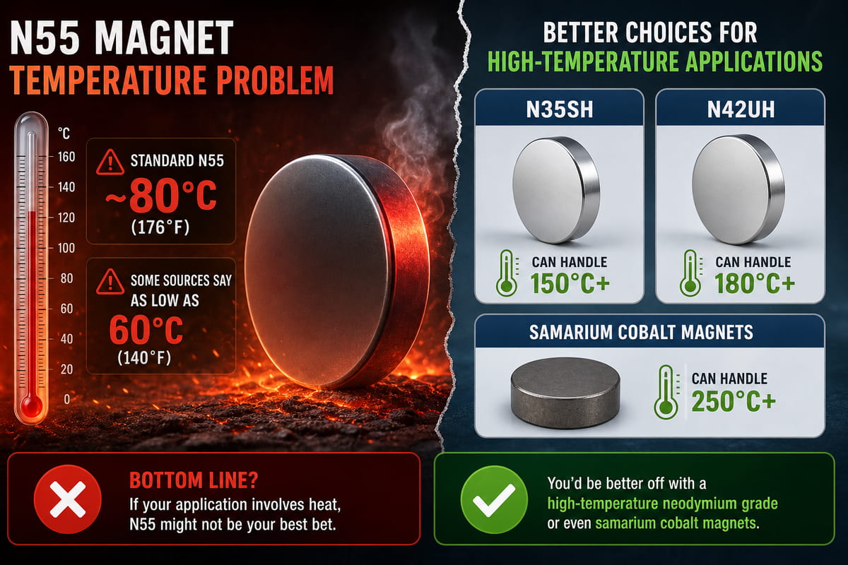 N55 magnets have a lower maximum operating temperature than some other grades