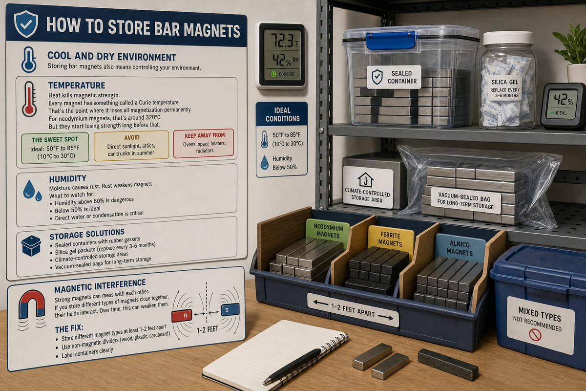 Storing bar magnets in cool and dry environment and apart with different types